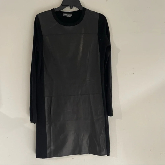 Vince Black Leather Paneled Long Sleeve Wool Shift Dress 33217 - Picture 2 of 5